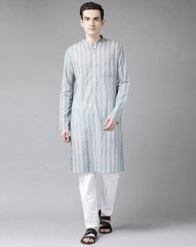 striped straight long kurta with patch pocket