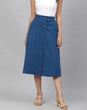 striped straight skirt with button-front