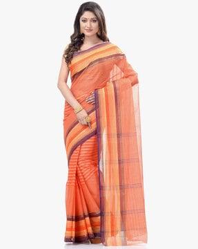 striped tant handloom saree with tassels