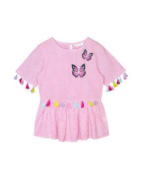 striped top with butterfly embroidery
