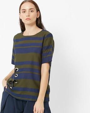 striped top with lace-up detail