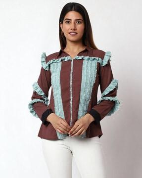 striped top with spread collar