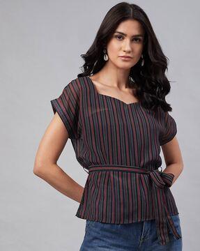 striped top with waist tie-up