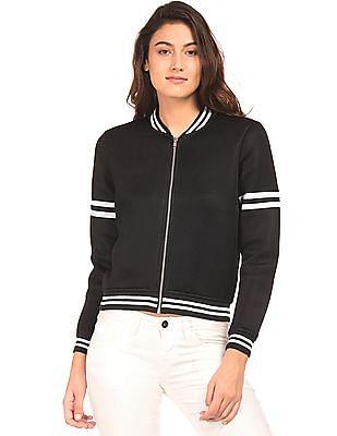 striped trim mesh bomber jacket