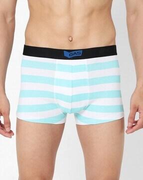 striped trunks with brand print waistband
