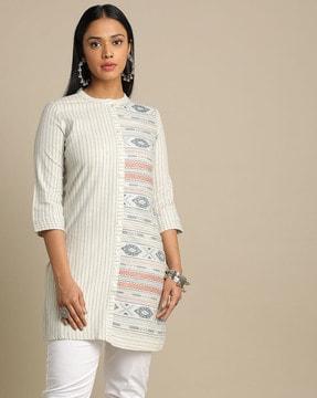 striped tunic with band collar