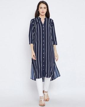 striped tunic with notched band collar
