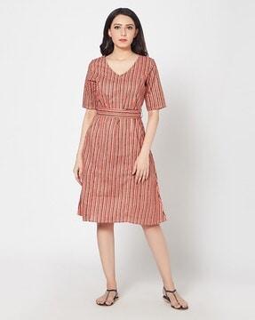 striped v-neck a-line dress