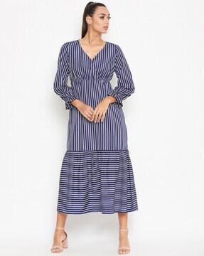 striped v-neck a-line dress