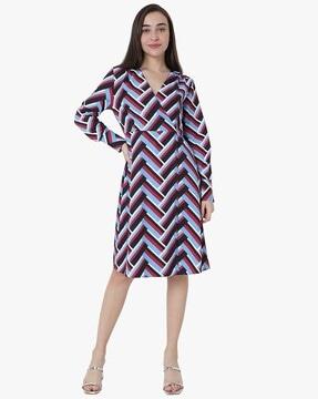 striped v-neck a-line dress