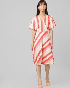 striped v-neck a-line dress