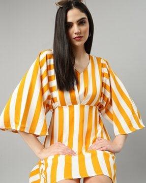 striped v-neck a-line dress