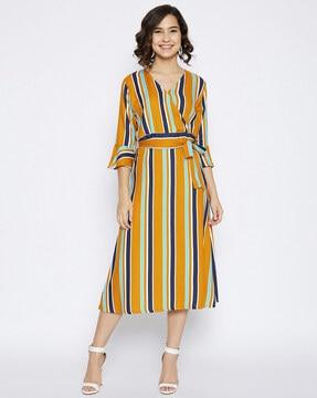 striped v-neck a-line dress