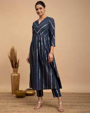 striped v-neck a-line kurta with pants