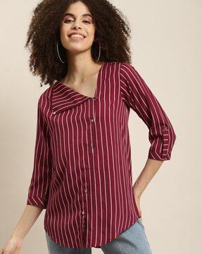 striped v-neck button-front top