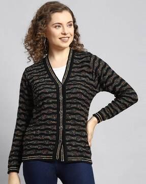 striped v-neck cardigan with button-closure