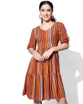 striped v-neck fi & flare dress