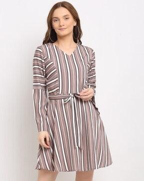 striped v-neck fit & flare dress