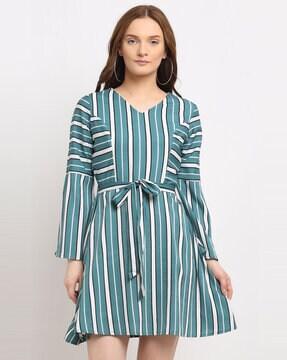 striped v-neck fit & flare dress