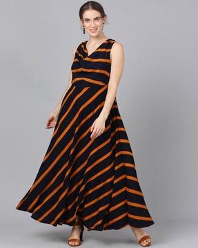 striped v-neck gown dress