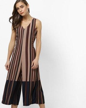 striped v-neck jumpsuit with back waist tie-up