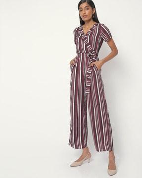 striped v-neck jumpsuit with insert pockets