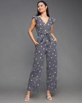 striped v-neck jumpsuit with tie-front & pockets
