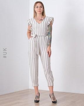 striped v-neck jumpsuit with tie-up