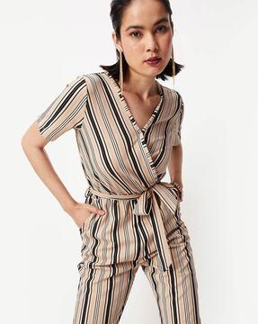 striped v-neck jumpsuit with waist tie-up