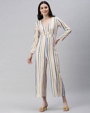 striped v-neck jumpsuit