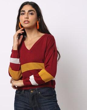 striped v-neck pullover with drop-shoulders