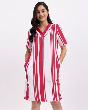 striped v-neck sheath dress
