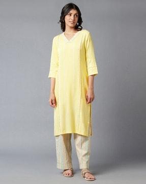 striped v-neck straight kurta