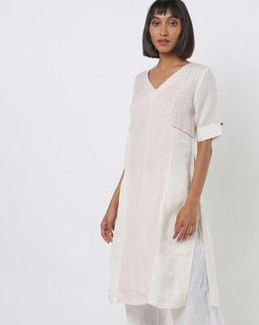 striped v-neck straight kurta