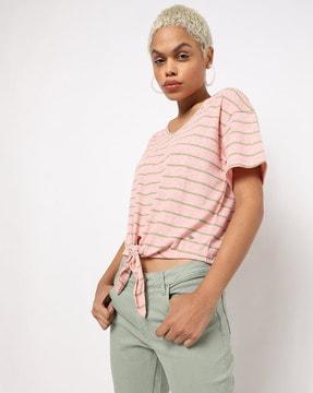 striped v-neck t-shirt with front tie-up