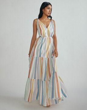striped v-neck tiered dress