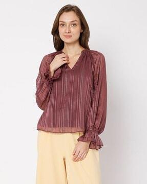 striped v-neck top with bell sleeves