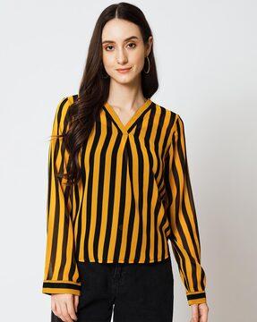 striped v-neck top with full sleeves