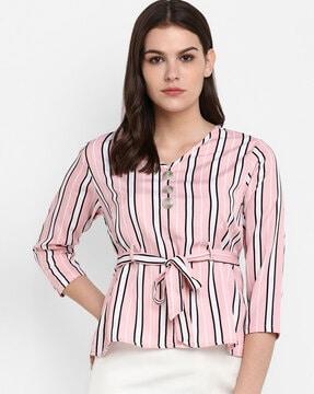 striped v-neck top with tie-up