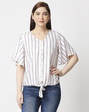 striped v-neck top with waist knot