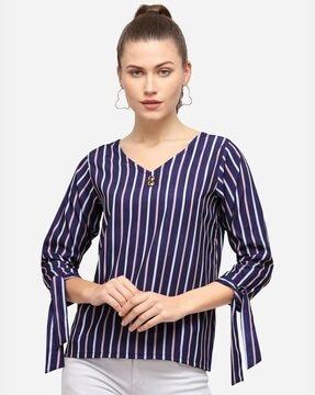 striped v-neck tunic with sleeve tie-ups