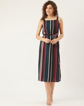 striped waist tie-up a-line dress