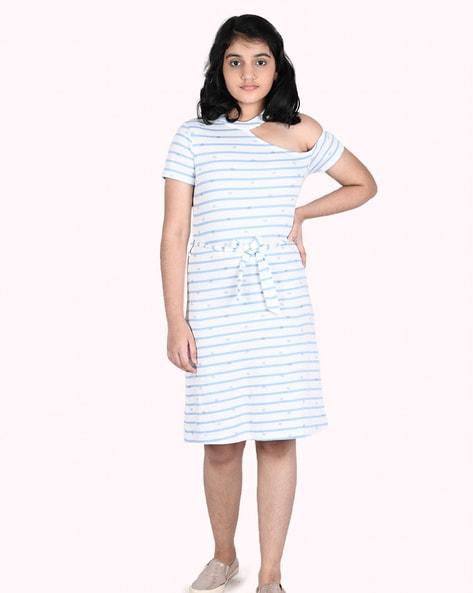 striped waist tie-up a-line dress