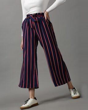 striped waist tie-up pants