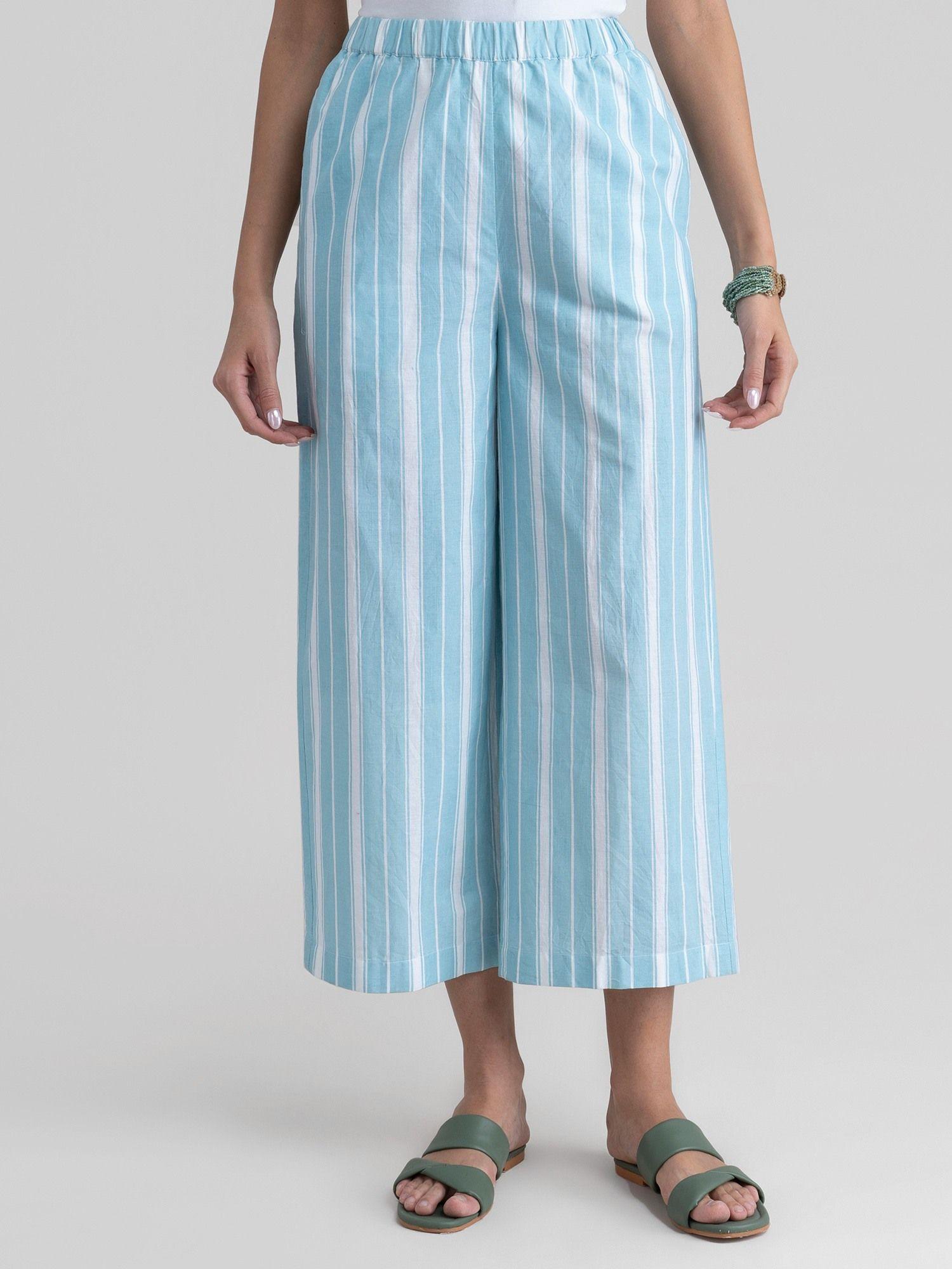 striped wide-leg cotton pants blue