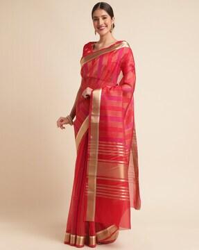 striped woven design saree with semi stitched blouse