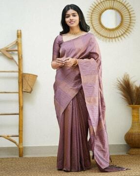 striped woven saree with tassels