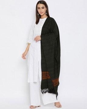 striped woven shawl with fringed border