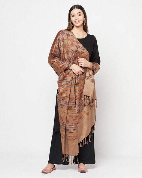 striped-woven shawl with fringes