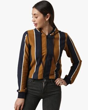 striped zip-front hoodie with ribbed cuffs